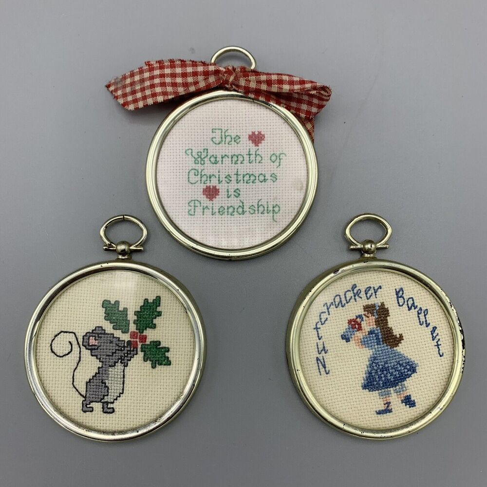 Vtg 3 Framed Cross Stitch Ornaments Nutcracker Ballet Mouse Christmas Friendship